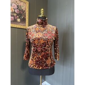 Vintage NWT Jonden Velvet Floral Paisley Chocolate Brown 3/4 Sleeve Turtleneck M